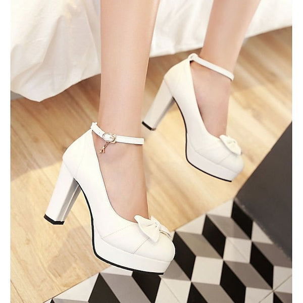 Heels Bow with Elegant Women's Detail White Chunky – FashionChic