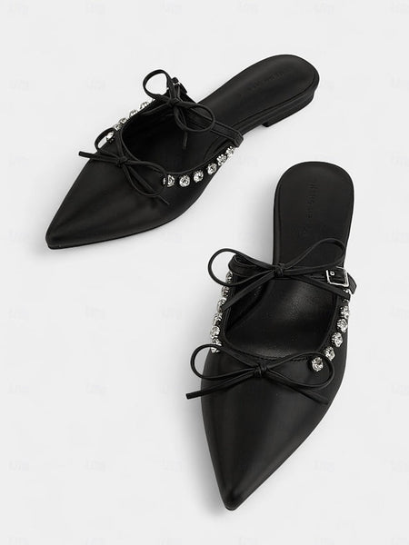 Pointed with Toe Flats Black Women's Rhinestone FashionChic