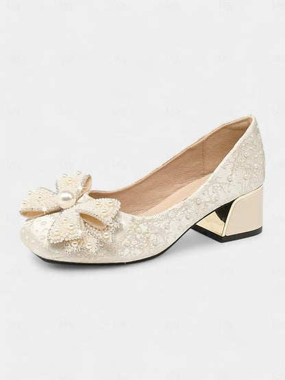 with Bow Pearl-Embellished Gold Black and Detail Pumps – FashionChic