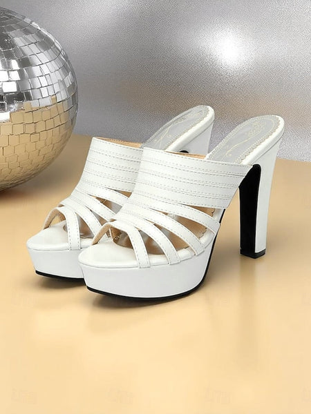 Open-Toe - Platform Mule Women's Heels Strappy White FashionChic