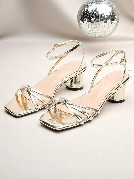 Shiny Heels Block Metallic Women's Ankle Strap Gold – FashionChic