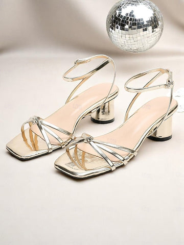 Women's Metallic Ankle Strap – Heels Gold Block Shiny FashionChic