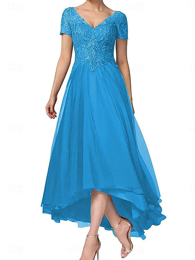 V of the Dress Neck A-Line Asymmetrical Bride Mother Elegant FashionChic