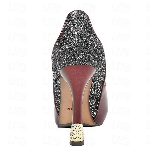 Platform Heels with Glitter Women's Patent Leather Burgundy FashionChic