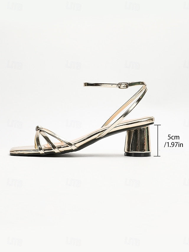 Shiny Heels Block Metallic Women's Ankle Strap Gold – FashionChic
