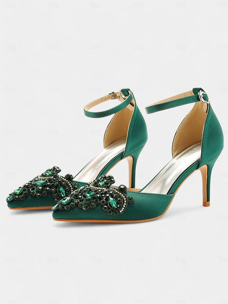 Pointed Women's Satin – Heels Ankle Green Emerald Strap FashionChic
