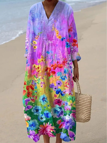 Women's Midi Dress V Neck Long Sleeve Kaftan Lightweight
