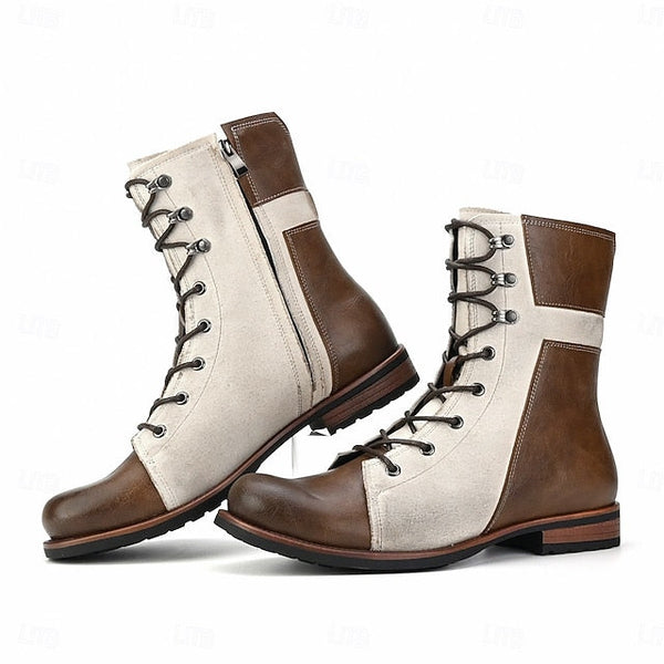 Faux Leather Lace-Up Men's Vintage Mid-Calf Boots Two-Tone FashionChic