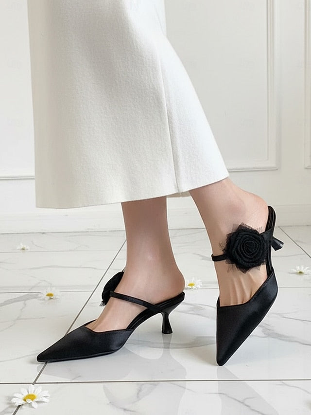 Floral Green Ankle Toe Heels Women's Satin with Pointed FashionChic