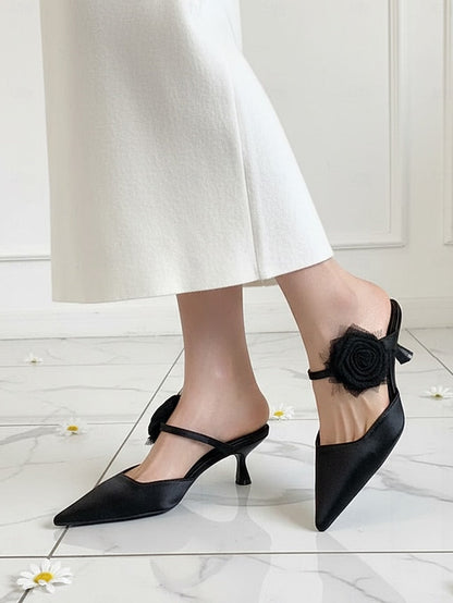 Floral Green Ankle Toe Heels Women's Satin with Pointed FashionChic