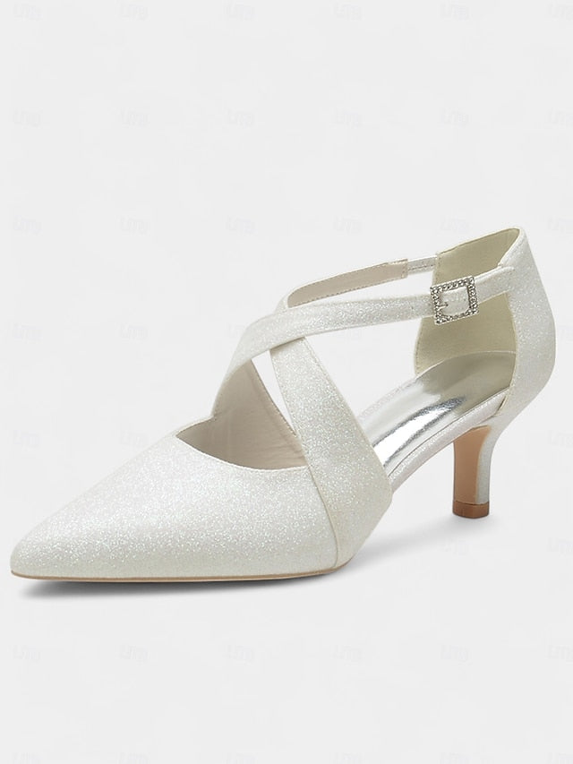 Glitter Heels Cross with Kitten White Strap Rhinestone Buckle FashionChic