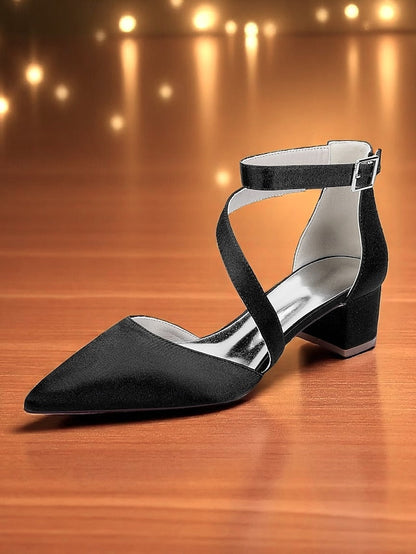 Women's Champagne Pointed Block Heels Satin Toe - FashionChic