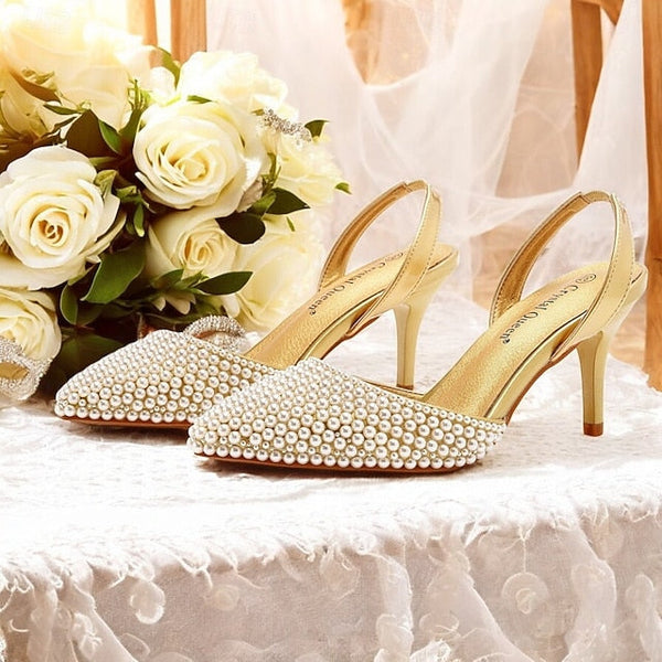 with Pearl Women's Slingback Embellishments White – Heels FashionChic