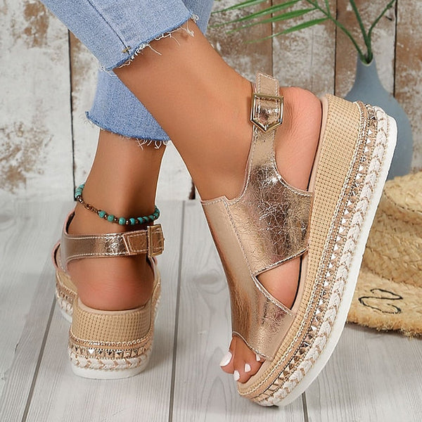 Metallic Women's Espadrille Faux Platform Gold Leather FashionChic