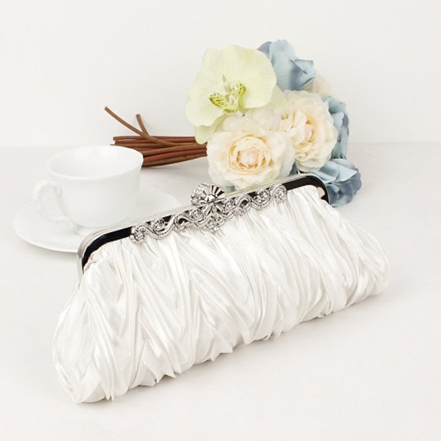 White – Women's Elegant Evening Pleated Satin Clutch FashionChic