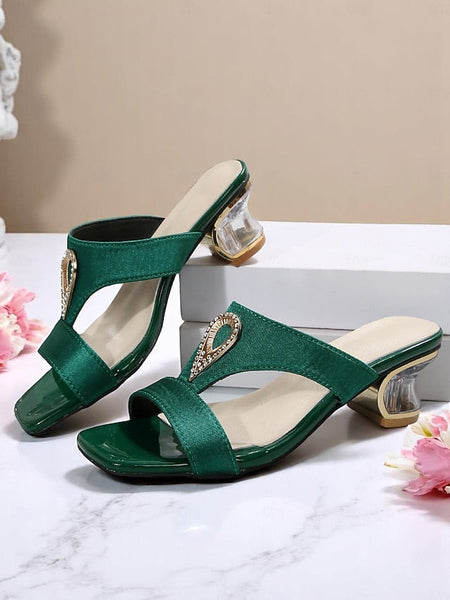 Slide Rhinestone Women's Green Sandals with Satin FashionChic