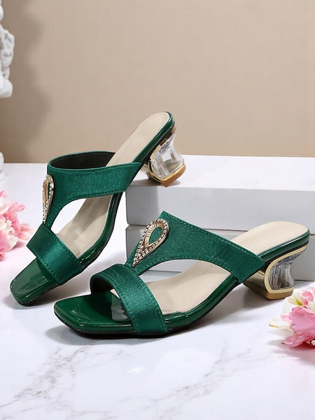 Rhinestone Sandals Women's Slide Satin Green with FashionChic