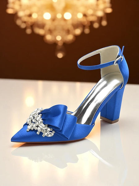 Block Crystal Pumps Bow Satin with Heel and Women's FashionChic