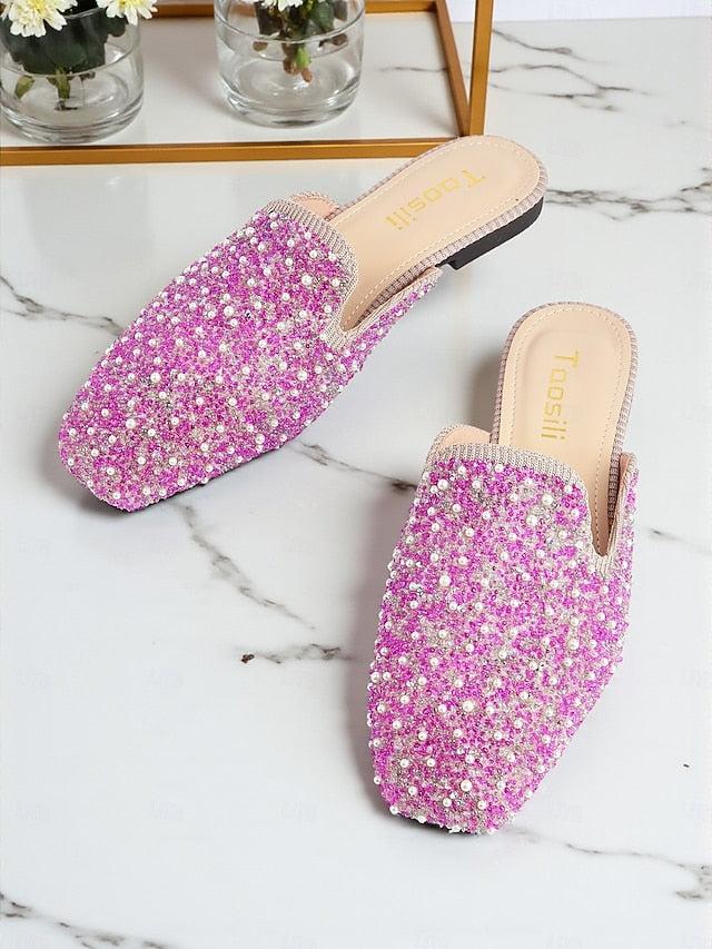 - and Women's Pink Pearl Mules Rhinestone Embellished FashionChic