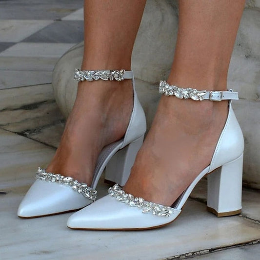 Toe Pointed – White Block Wedding Heel Shoes with Women's FashionChic