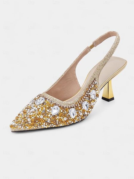 with Slingback Gold Rhinestone Heels Women's Pearl FashionChic