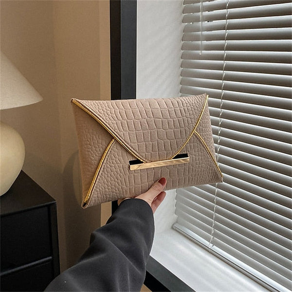 Metal Yellow Envelope Handle Women’s Clutch with Croc-Embossed FashionChic