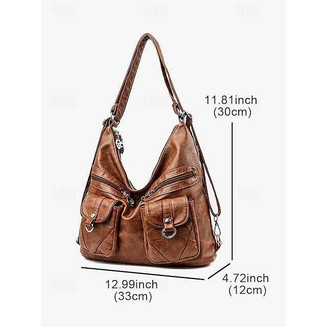 Brown Leather Women's Bag Multiple Faux Pockets with Hobo FashionChic