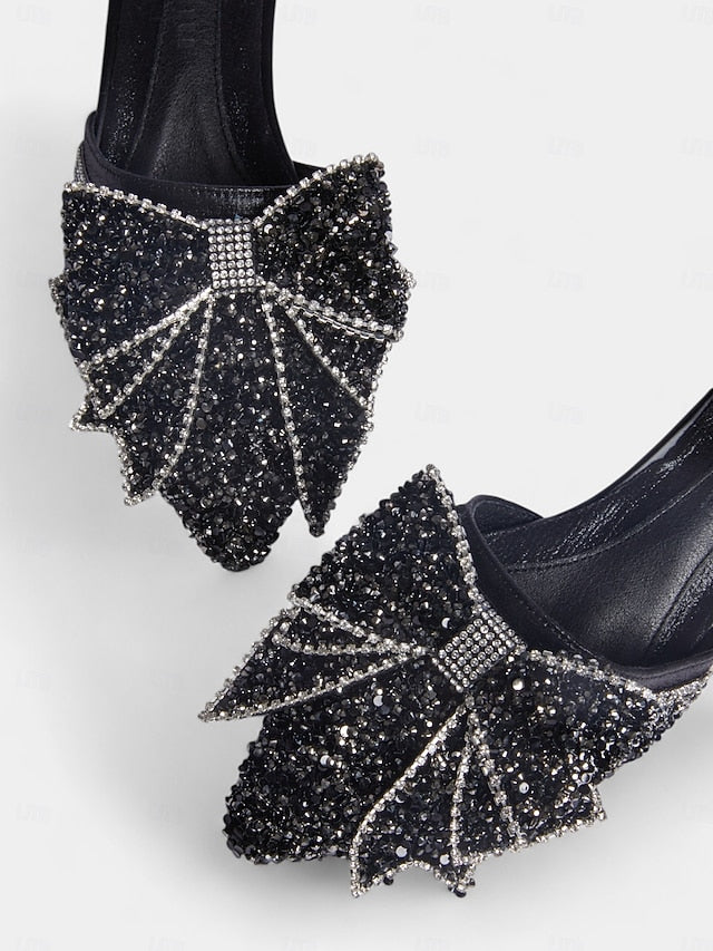 and Parties for Perfect Black Flat – Rhinestone-Bow Mules FashionChic