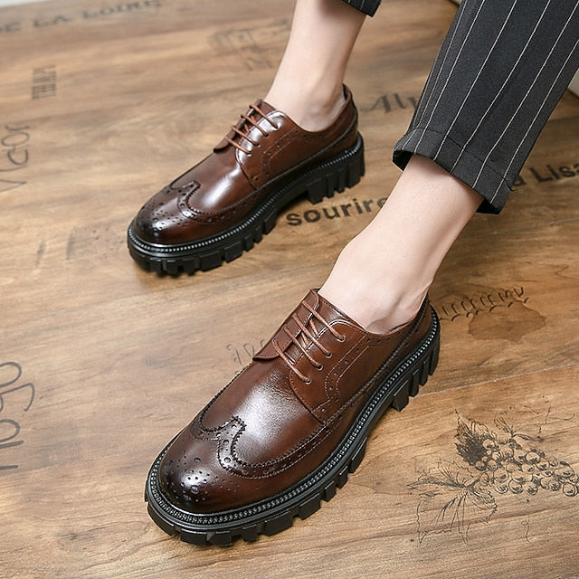 Brogue – Brown Chunky Sole Leather Shoes Faux Men's FashionChic