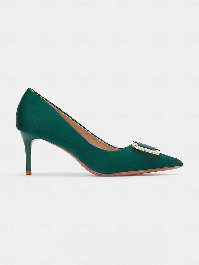 for Women: Satin Buckle Elegant Green with Rhinestone Pumps FashionChic