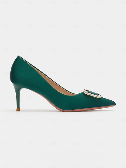 for Women: Satin Buckle Elegant Green with Rhinestone Pumps FashionChic