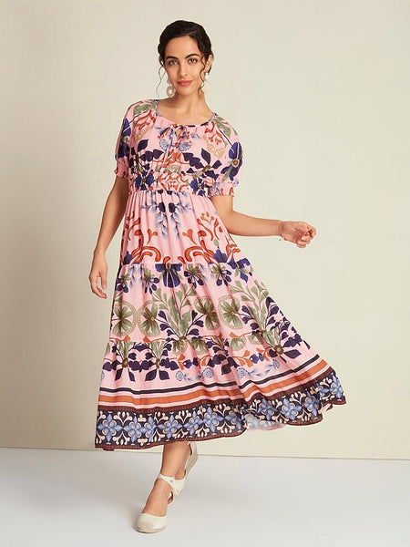 Floral Lace Up Elegant Short Sleeve Midi Dress