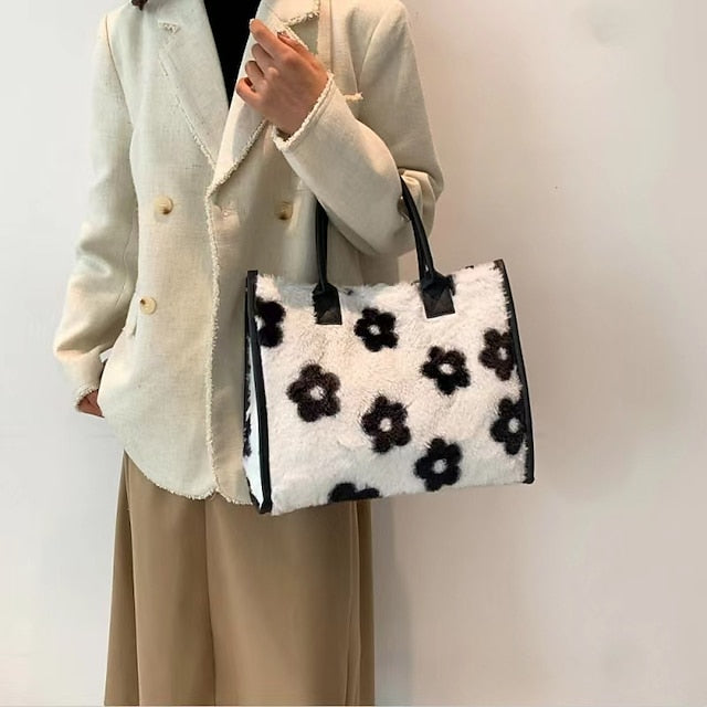 Tote Bag with Leather Faux Leopard Print Brown Women's Fur FashionChic