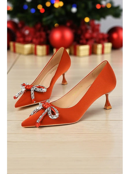 with Women's Heels Pointed Crystal - Bow Stiletto Orange FashionChic