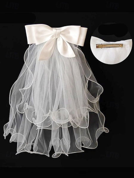 and Soft - Bridal Satin Tulle Ivory Ribbon with Veil Elegant FashionChic