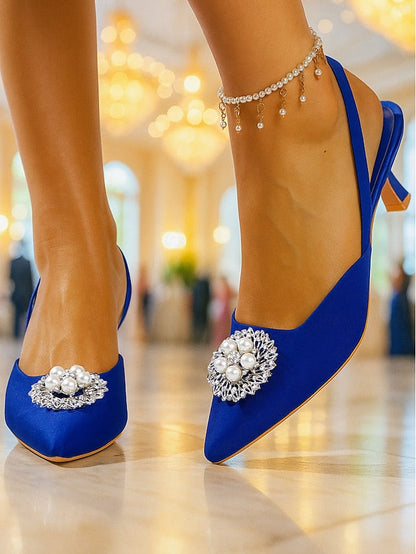 Pumps Satin with and Blue Women's Pearl Slingback FashionChic