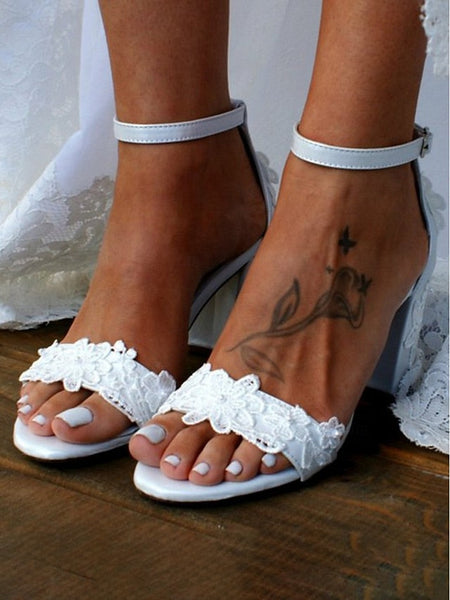 Strap Bridal - Ankle Open-Toe White Heels Lace Women with for FashionChic