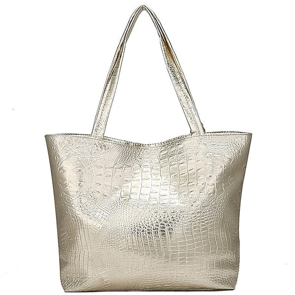 Bag Faux Large Tote Embossed Women's Croc Silver | Capacity FashionChic