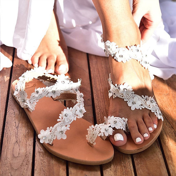 Women's Wedding Beach Sandals Lace - Floral Perfect White FashionChic