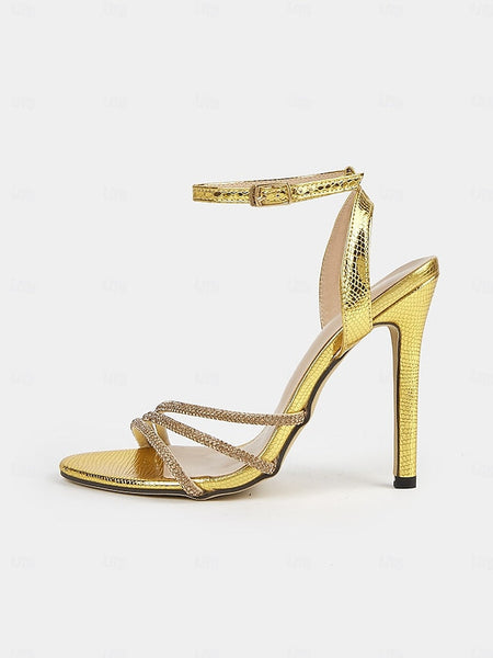 Gold Sandals Open-Toe Women for Stiletto Rhinestone-Embellished FashionChic