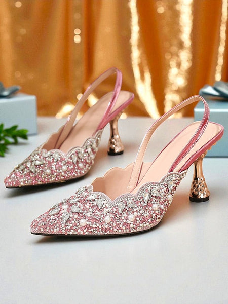Pointed Pink Rhinestone Women's Toe Heels - Party Slingback FashionChic