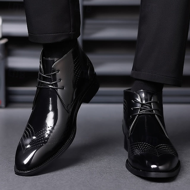 Wingtip Glossy Brogue Burgundy Leather Men's Ankle Faux FashionChic