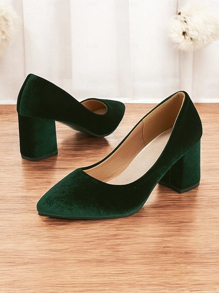 Elegant Block Pointed Pumps Green - Women's Heel Toe Velvet FashionChic