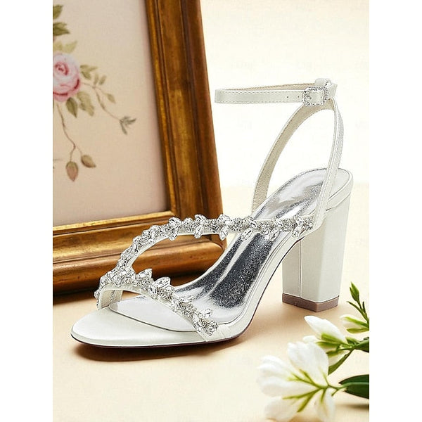 White Women's with Straps Sandals Rhinestone - Block Heel FashionChic