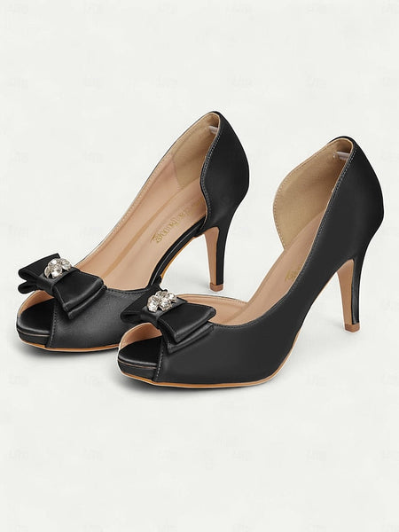 Peep Satin Heels Champagne with Toe and Women's Bow FashionChic