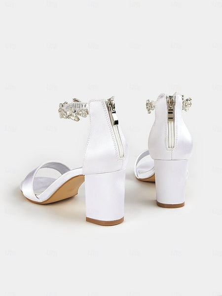 Sandals Floral Ankle Strap with Block Satin White Bridal Heel FashionChic