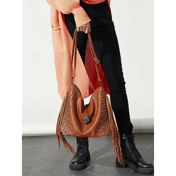 - Brown Leather Boho Studded Bag Women's Hobo Skull Fringe FashionChic