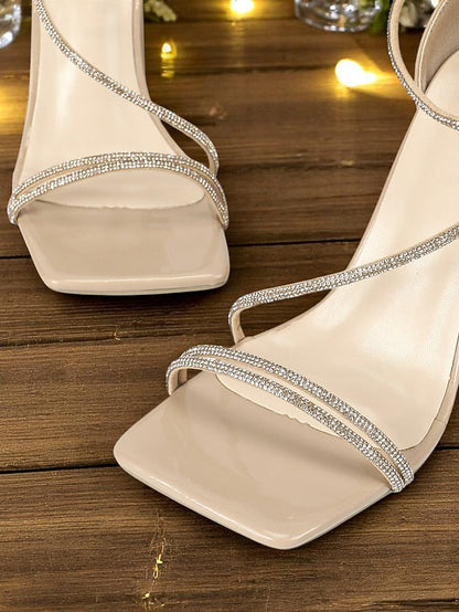 Rhinestone Block Sandals White Straps Heel - with Women's FashionChic