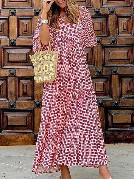 Women's Geometric Print V Neck Lantern Sleeve Maxi Dress FashionChic