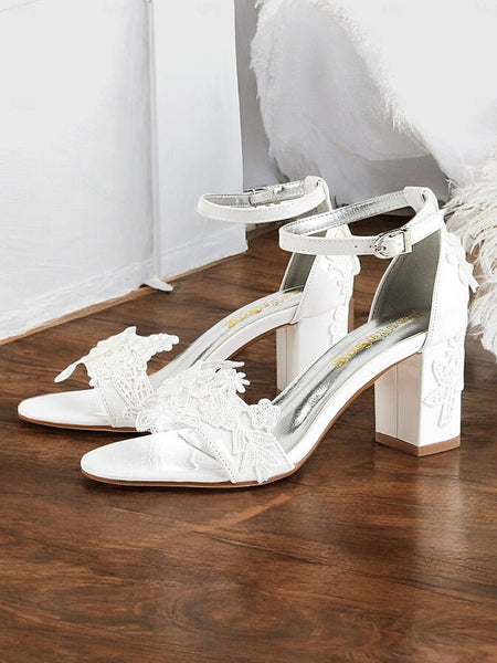 Strap Bridal - Ankle Open-Toe White Heels Lace Women with for FashionChic